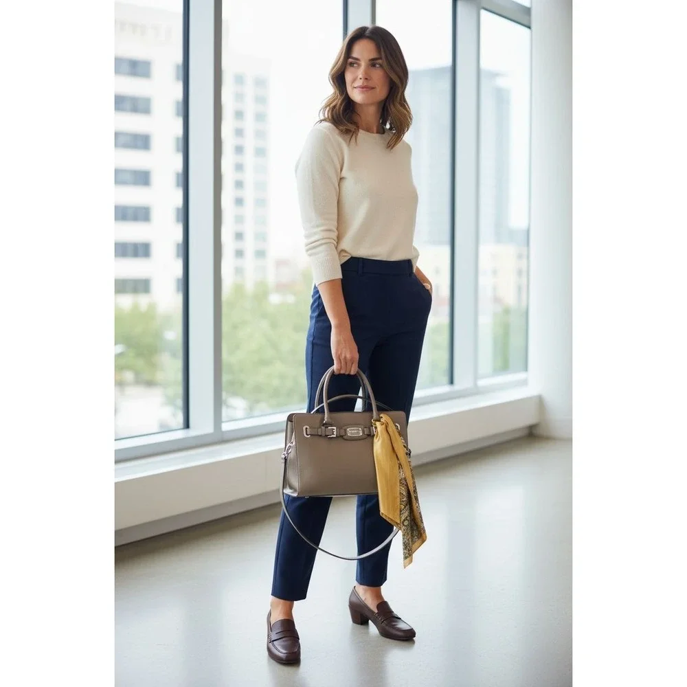 Michael Kors Hamilton Taupe Pebble Leather Satchel Bag with‎ Scarf Accent